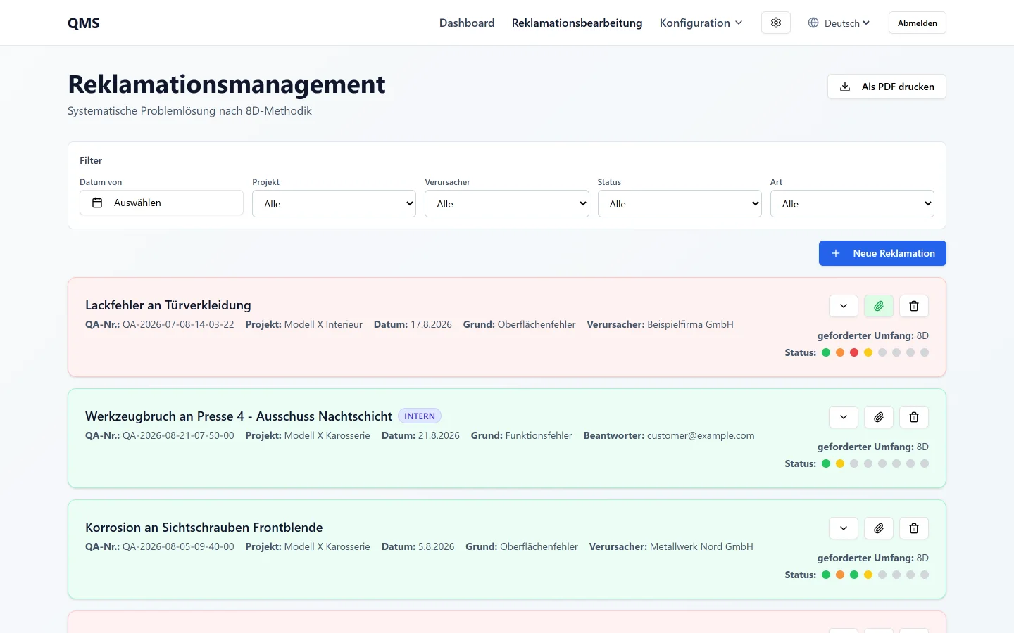 Reklamationsliste im Portal mit Intern- und Extern-Kennzeichnung, Status-Ampeln und Fristen